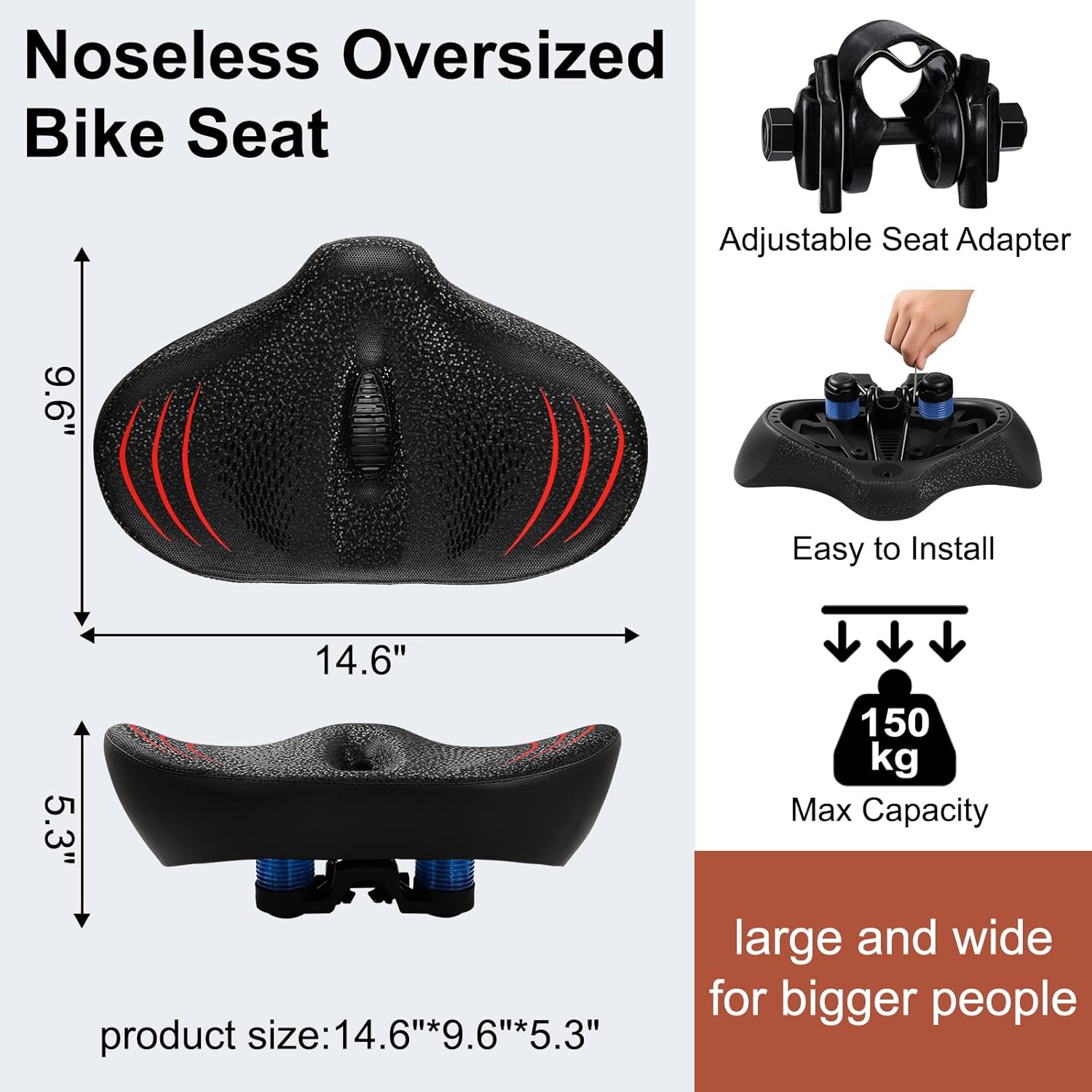 Skiennix Oversize Bike Seat - Extra Wide Noseless Cushion for Ultimate Comfort | Waterproof Memory Foam Fit for Peloton, Exercise & City Bikes