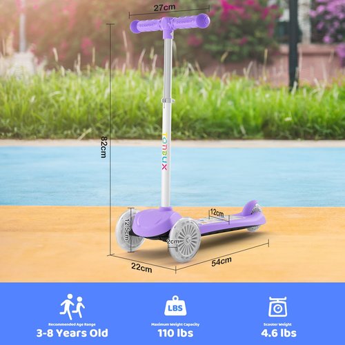 TONBUX Kids Scooter for Ages 3-8, Toddler Scooter with Light-Up Deck and Wheels, Adjustable 4-Level Height 3-Wheel Scooters for Kids, Lean-to-Steer Design (Purple)