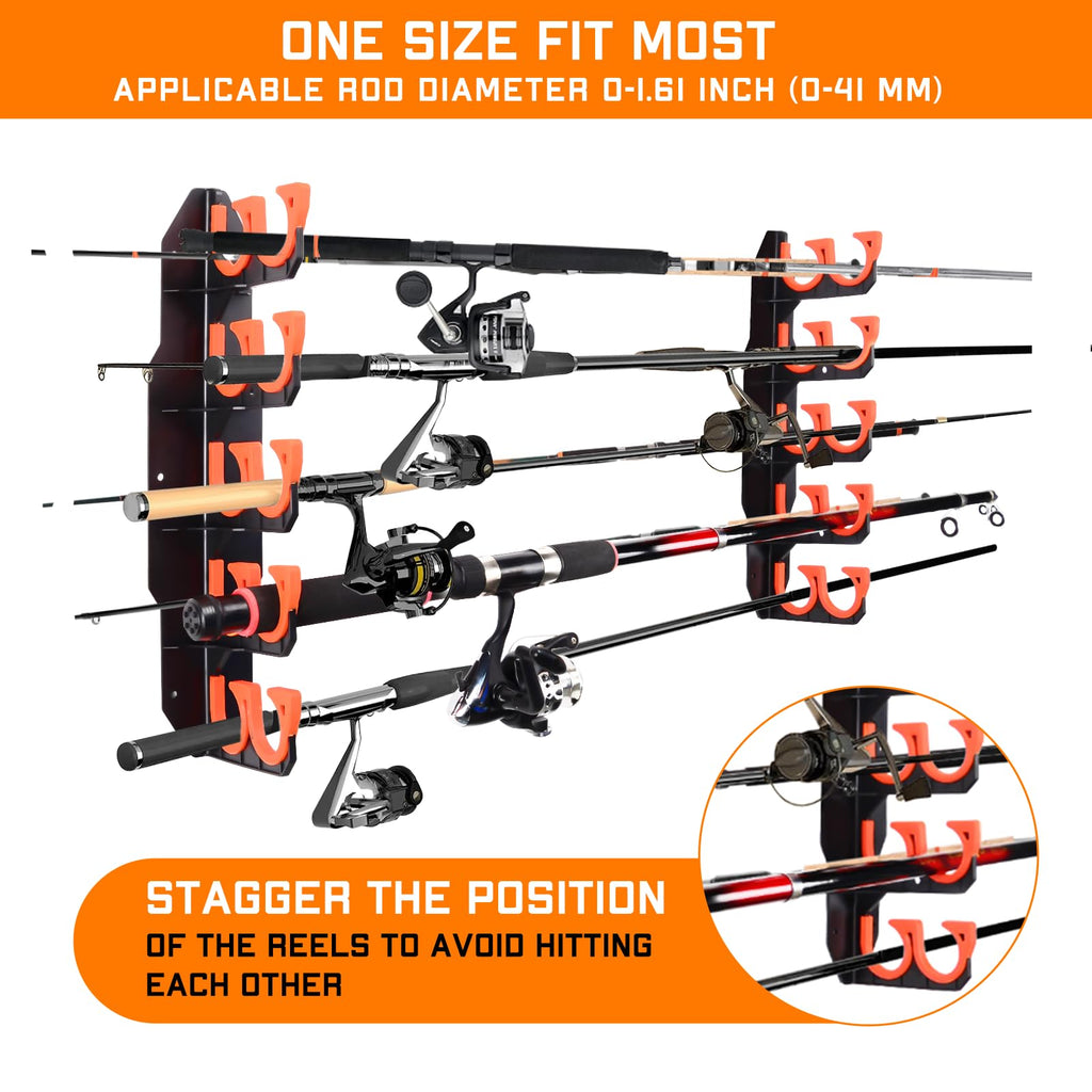 Hikeen Fishing Rod Holders, Fishing Pole Holders for Garage, Wall or Ceiling Mounted Fishing Rod Rack Holds Up to 10 Rods（1 Pack）