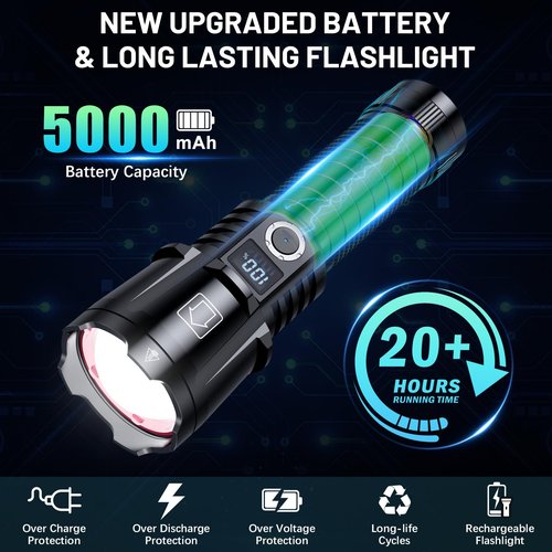 baibian Rechargeable Flashlights 4000.000 High Lumens, Super Bright Flashlight High Powered Tactical Flashlight, 6 Modes with LCD Power Display, Zoomable, Waterproof Handheld Flash Light for Emergency