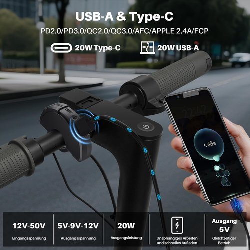 E Scooter USB C socket mobile device chargers, scooter charger 20W fast charger XT30 for Xiaomi M365 1s Pro Pro2 3 lite 4 4-lite 4-Pro Ninebot F20 F25 F30 F40 USB-A & Type-C scooter accessories