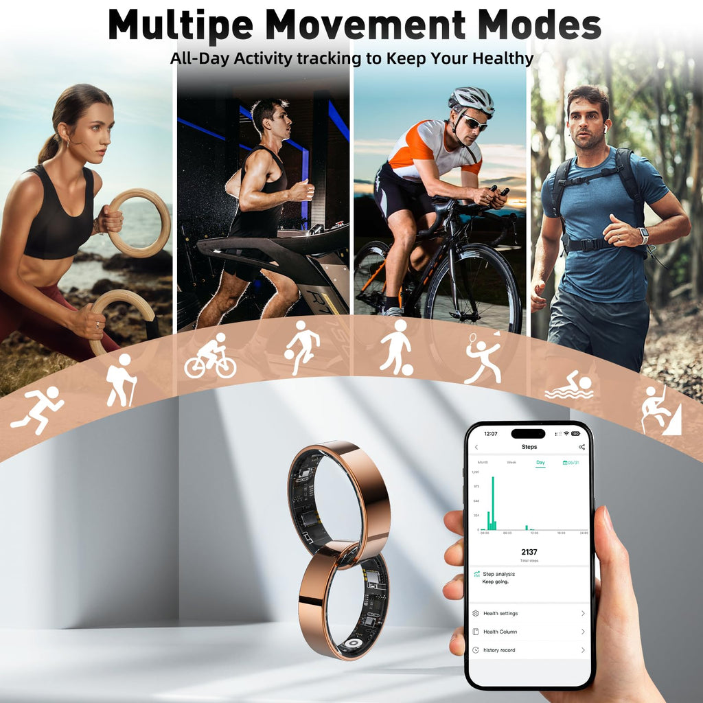 Smart Ring with Sleep Monitoring, Step Counting, Heart Rate, Blood Oxygen, Blood Pressure for iPhone and Android, No Subscription Fee, IP68 Waterproof Health Tracker (Silver, 7)