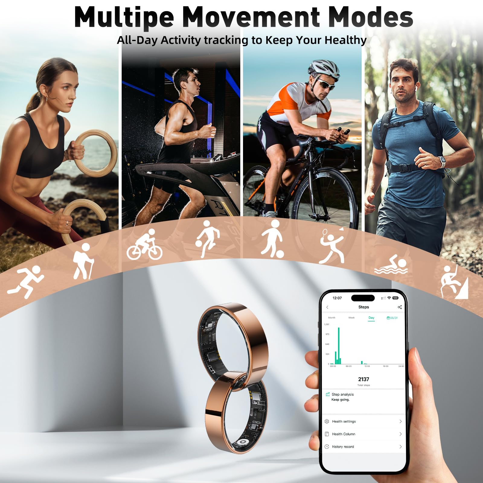 Smart Ring with Sleep Monitoring, Step Counting, Heart Rate, Blood Oxygen, Blood Pressure for iPhone and Android, No Subscription Fee, IP68 Waterproof Health Tracker (Silver, 7)