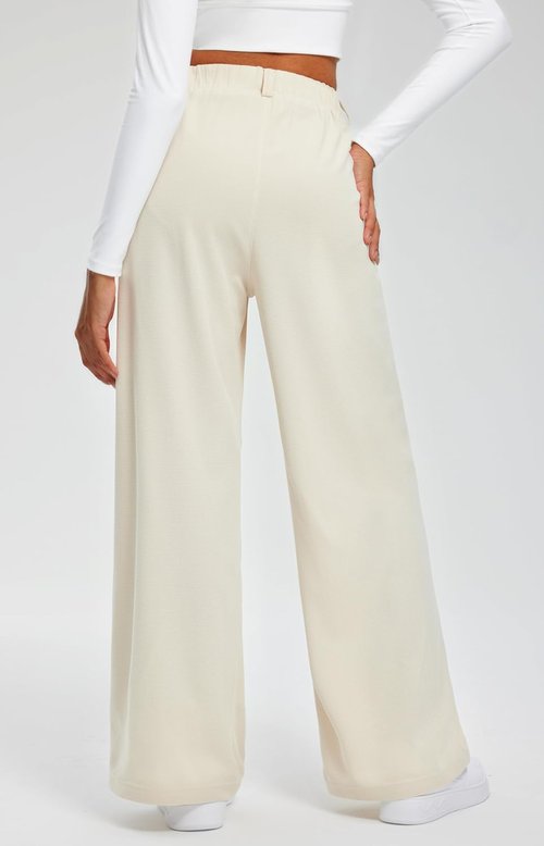 Libin Women's Wide Leg Pants - 29" High Waisted Waffle Knit Casual Trousers with Pockets | Beige, Size M