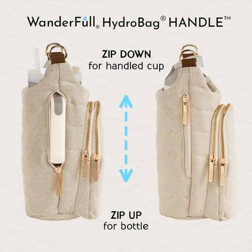 WanderFull Original HydroBag HANDLE®, Zipper for Handle, 40 oz Water Bottle Holder w/Strap, Crossbody Carrier Bag w/Phone Pocket, Tumbler Accessories - Oatmeal Canvas w/Vegan Leather Trim Strap