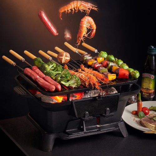 Hibachi Grill Outdoor, Portable Small Charcoal Grills, 100% Cast Iron, Mini Japanese Yakitori Tabletop Skillet Grill Stove for Outdoor Camping - Coal Door, Draft Door, Ideal for 2 People