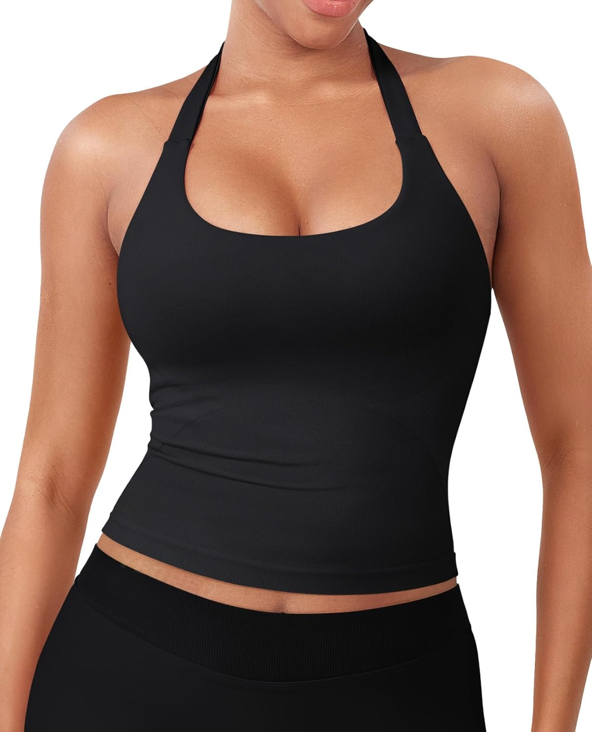 YEOREO SoftHue Women's Halter Tank Top - Backless Scoop Neck with Built-in Bra | Gym Crop Top