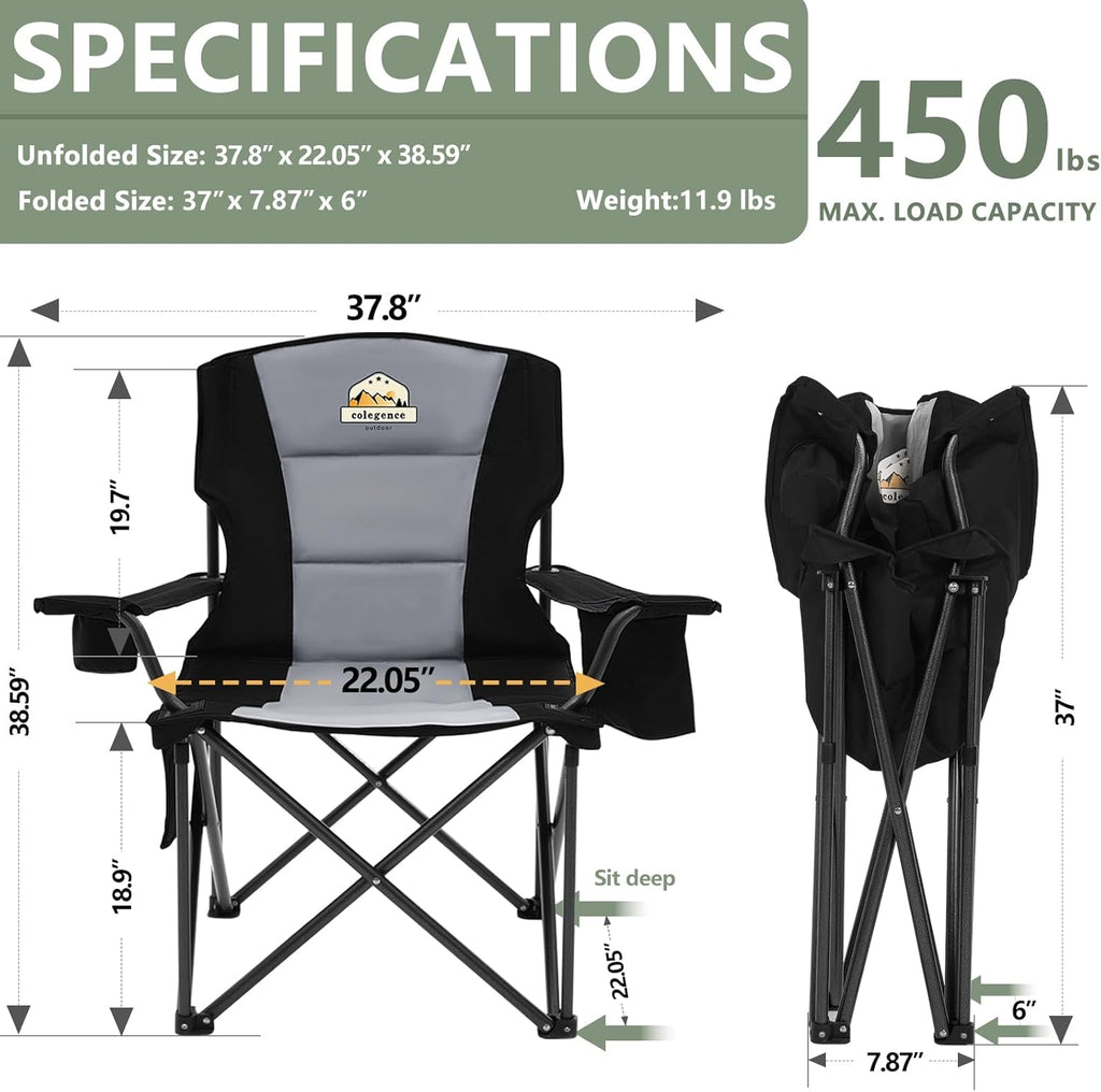 Skiennix Oversized Camping Chairs 2 Pack - Heavy Duty 450lbs Support | Portable Folding Chairs with Carry Bag, Cooler & Cup Holder - Black