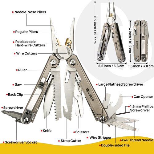 BIBURY 24-in-1 Titanium Multitool Pliers, 8.7oz Ultra-Light EDC Pocket Tool with Sheath & Belt Clip, Aerospace-Grade Titanium Handle for Camping, Hiking, DIY, Gift for Men - 2048DT