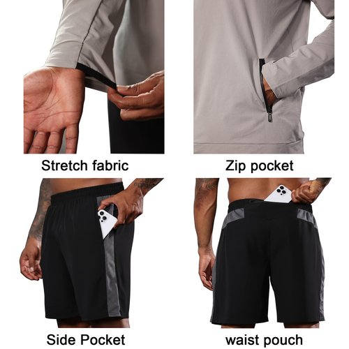 BUYJYA 5Pcs Men's T Shirts Workout Long Sleeve Athletic Zip Pocket Shorts Jackets Compression Pants Gym Clothes Running Basketball Football Gear