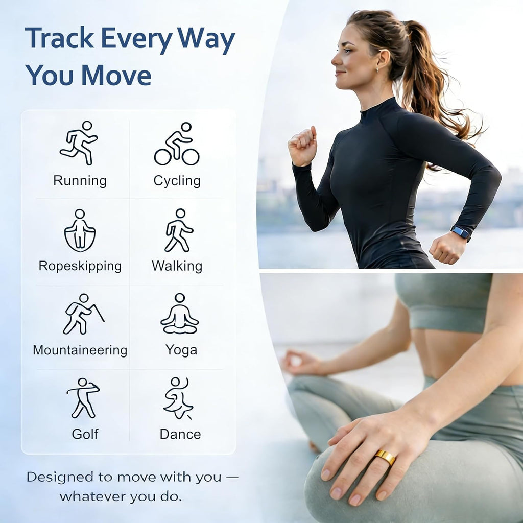 Smart Ring | Health & Fitness Tracker for Men & Women - Heart Rate, SPO₂, Sleep Monitoring, IP68 Waterproof, Gold, Size 8