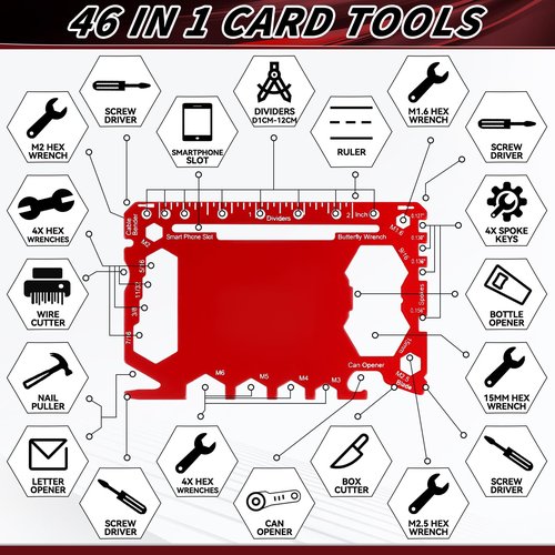Cholemy 12 Pcs Credit Card Wallet Multitool 46 in 1 Metal Stainless Steel Survival Pocket Tool Multipurpose Bottle Opener Bulk for Men Christmas Stocking Stuffer Gift(Black, Red, Gold,Classic Style)