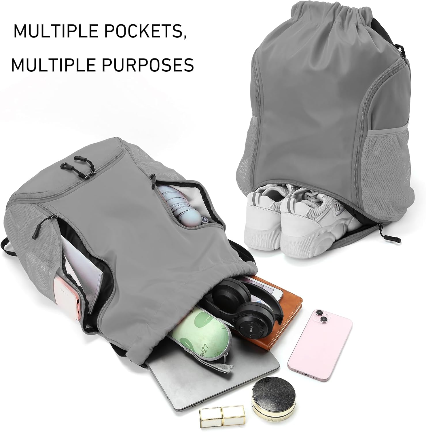 Valleycomfy Sports Gym Bag - Drawstring Backpack with Shoe Compartment & Two Water Bottle Holders | Grey