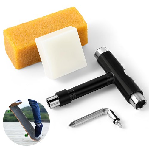 Threlaco 3 Pcs All in One Skate Tool Set Multi Function Portable Skateboard Tool with Skateboard Wax and Cleaner 2 in 1 T Type Allen Key and L Type Head Screwdriver for Gift(Metal Socket)