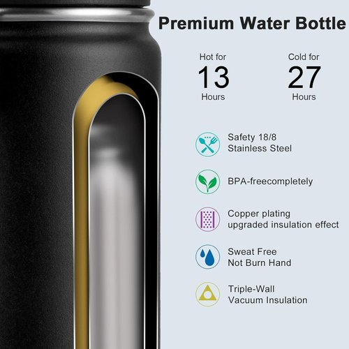 Koodee 16 Oz Stainless Steel Water Bottle - Double Wall Vacuum Insulated | Leakproof Spout Lid (Black)