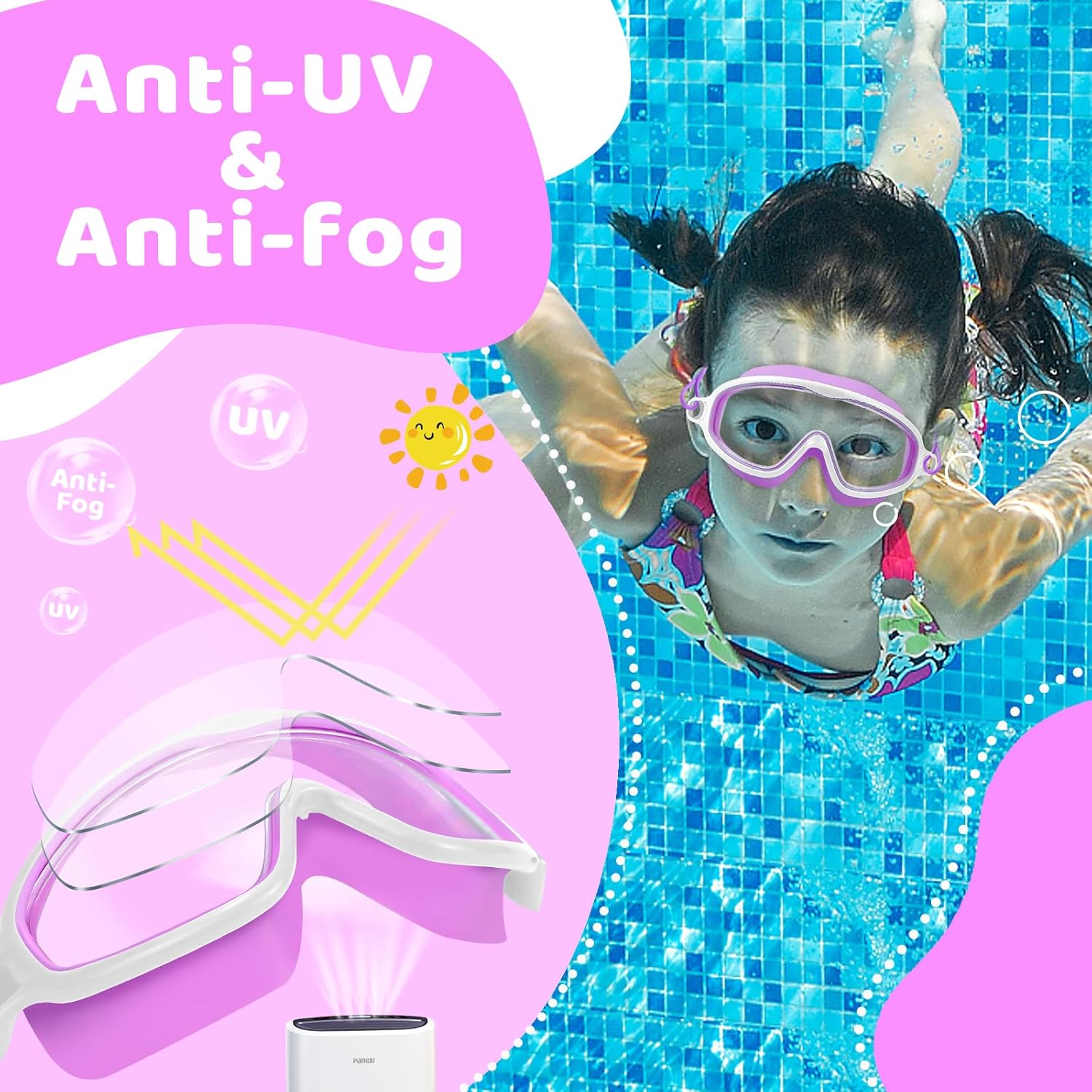 Vvinca Kids Swim Goggles - Wide View Anti-Fog UV Protection | Bungee Strap for Ages 3-14