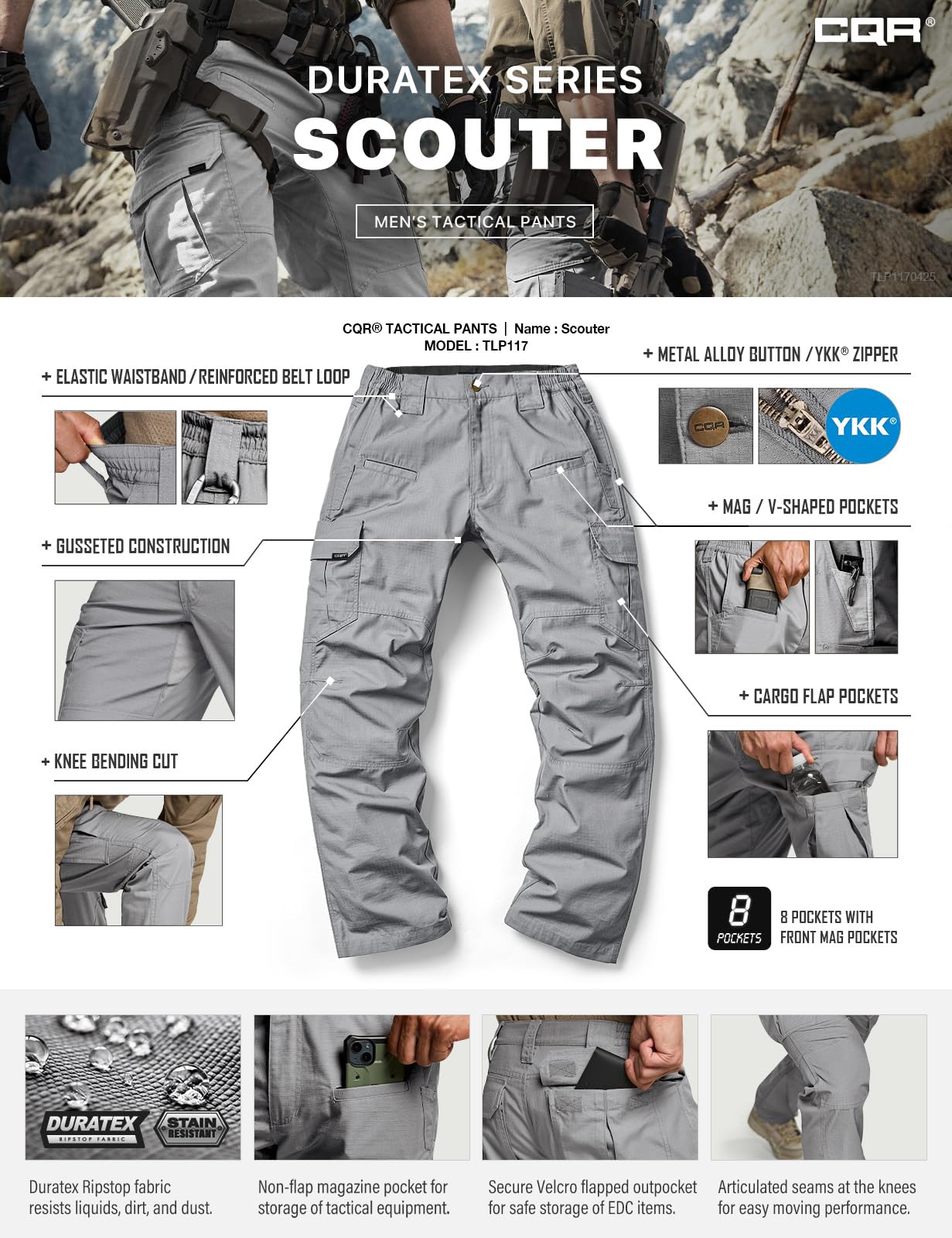 CQR Men's Tactical Pants, Water Resistant Ripstop Cargo Pants, Lightweight EDC Work Hiking Pants, Outdoor Apparel, Raider Stone, 44W x 32L