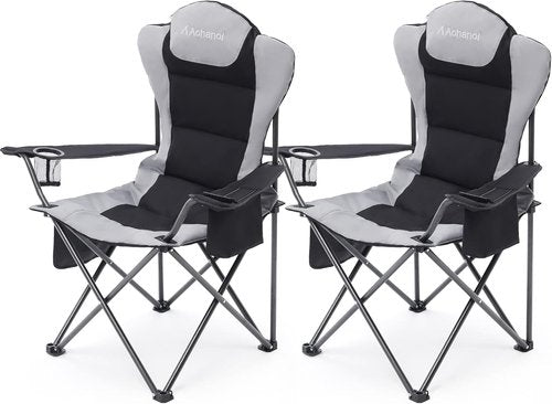 Aohanoi Camp Chairs for Heavy People - Outdoor Folding Chairs with Cup Holder & Cooler Bag | Supports Up to 300lbs (2 Pack, Black)