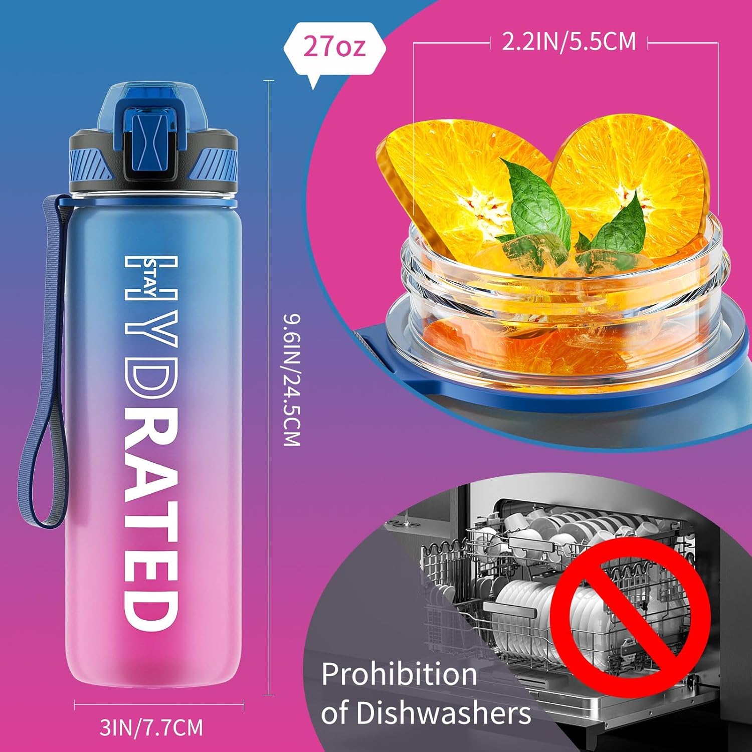 Skiennix 27oz Motivational Water Bottle - BPA-Free Tritan with Time Marker & Carry Strap | Leakproof Design for Fitness & Outdoor Use