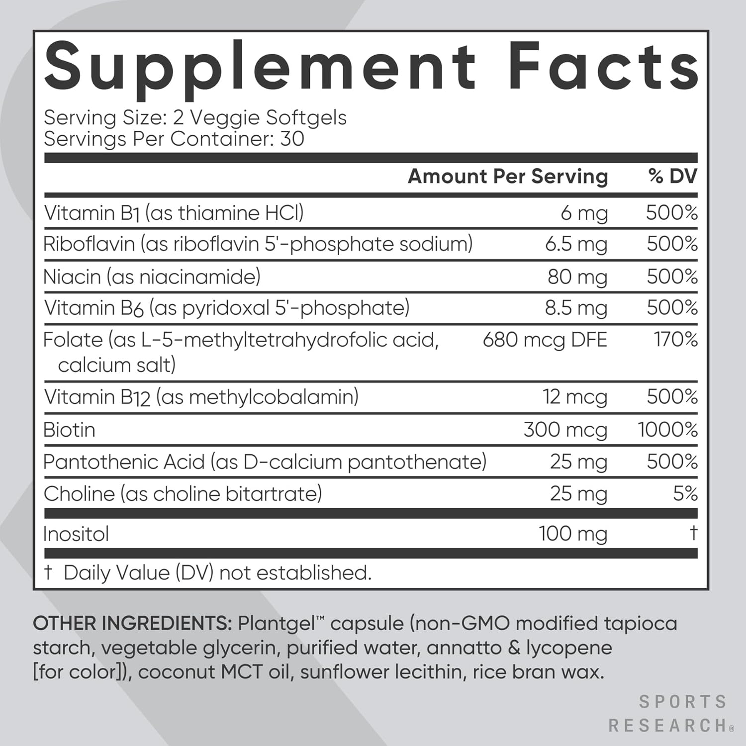 Sports Research® Vitamin B-Complex - Methylated B12 & Folate for Energy Support - 60 Vegan Softgels