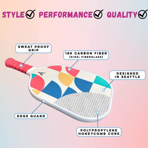 Youth Fiberglass Pickleball Paddles with Cushion Comfort - Shimmery Mermaid Design Pickleball Paddle Cushion Grip with Polypropylene Honeycomb Core, Lightweight Kids Paddles with Paddle Cover