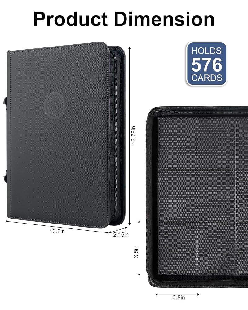 GEAoffice 9-Pocket Card Binder - 576 Card Capacity, Side-Loading PU Zip Binder with Handle (Black)