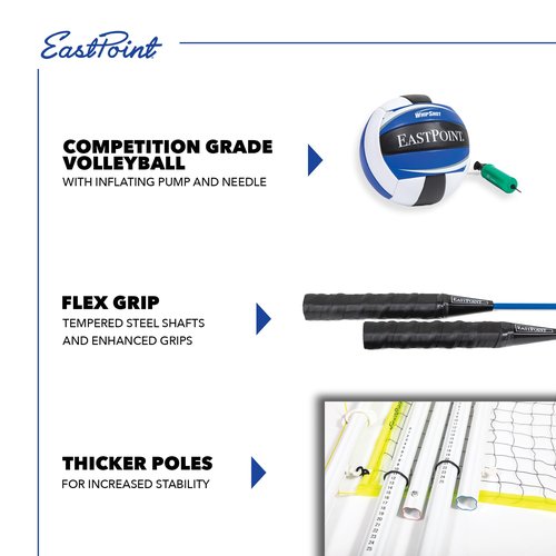 EastPoint 2-in-1 Volleyball & Badminton Set - Black Steel Poles - Adjustable Height for Backyard Games - 4 Rackets & 2 Shuttlecocks for Lawn Games - Volleyball & Pump for Outdoor Sports