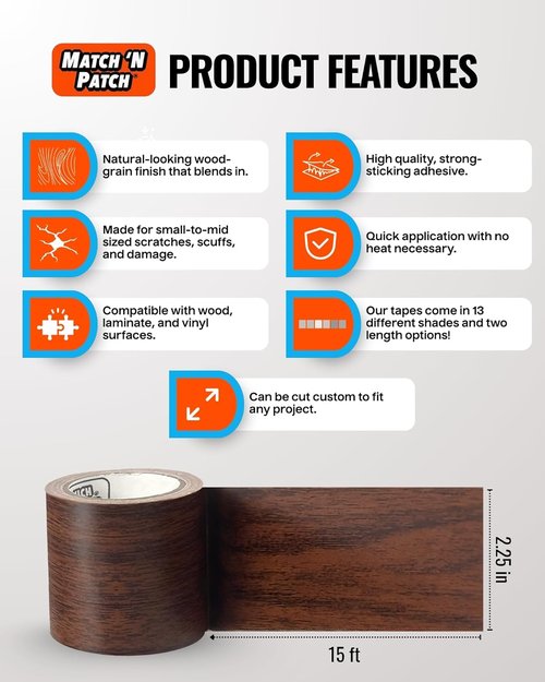 MATCH 'N PATCH Wood Grain Repair Tape - Dark Walnut | 2.25 in x 15 ft | Ideal for Furniture Scratch Repair