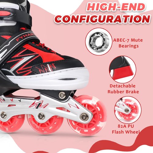LEJIJIT Adjustable Kids Inline Skates for Girls Boys Children Beginners, Black & Red Inline Skates with Light Up Wheels for Kids and Youth for Indoor Outdoor Sports (Large)