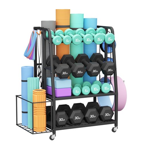 Weight Rack for Home Gym, Vopeak Dumbbell Rack Stand Only, Adjustable Weight Rack for Dumbbells, Kettlebells Yoga Mat, Home Gym Storage Rack with Wheels and Hooks, Powder Coated Finish Steel