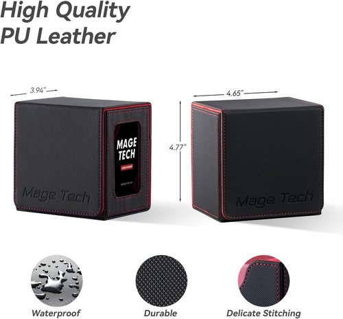Mage Tech Card Deck Box for MTG Commander - Patented Design, Holds 100 Double-Sleeved Cards | Black/Red