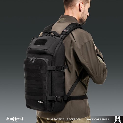 AMHEH 20L Slim Tactical Backpack - Rugged MOLLE Daypack with Suspended 13" Laptop Compartment | Black