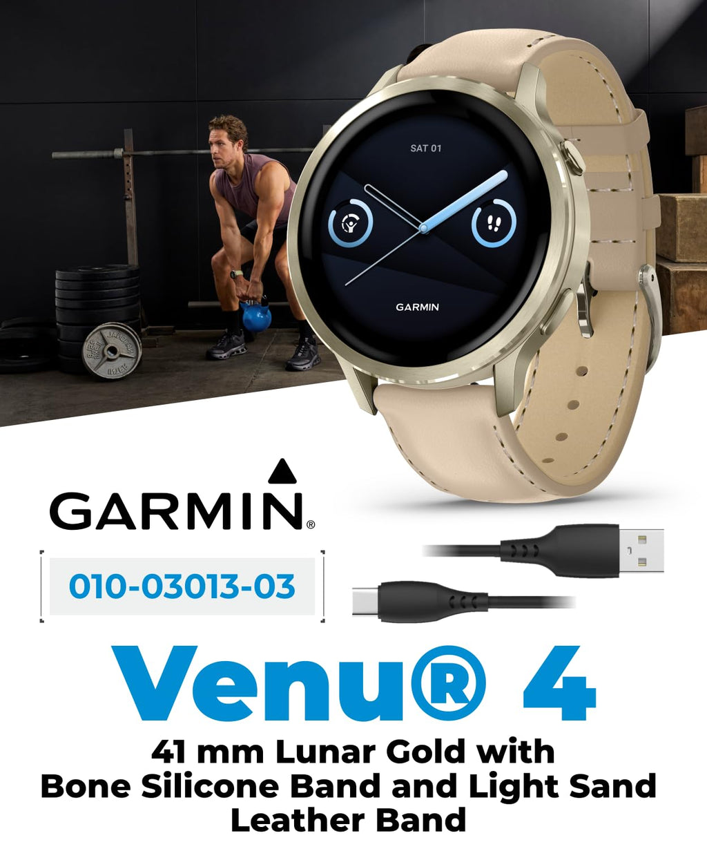 Garmin Venu 4 41mm AMOLED Advanced Health & Fitness GPS Smartwatch, Colorful Display, Built-in Flashlight Lunar Gold w/Bone Silicone & Light Sand Leather Bands w/Wearable4U White Earbuds Bundle