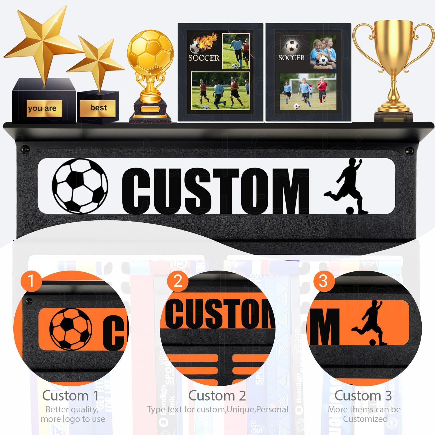 Personalized Medal Holder - Custom Name Display Rack for Awards & Ribbons | Metal Wall Mount for 63 Medals