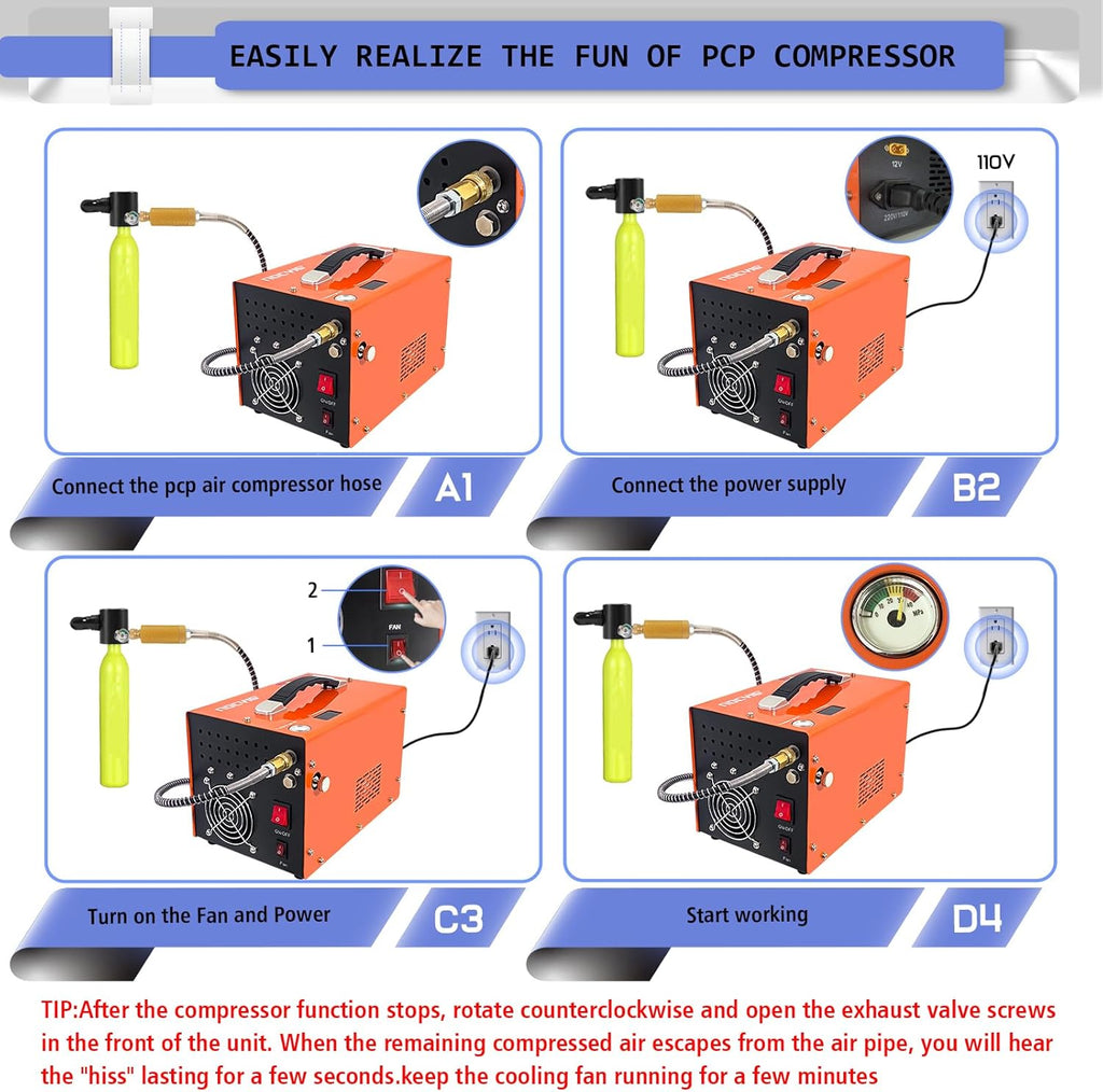 PCP Air Compressor - 4500 PSI Oil-Free Air Pump for Rifles & Paintball Tanks | 12V DC & 110V AC
