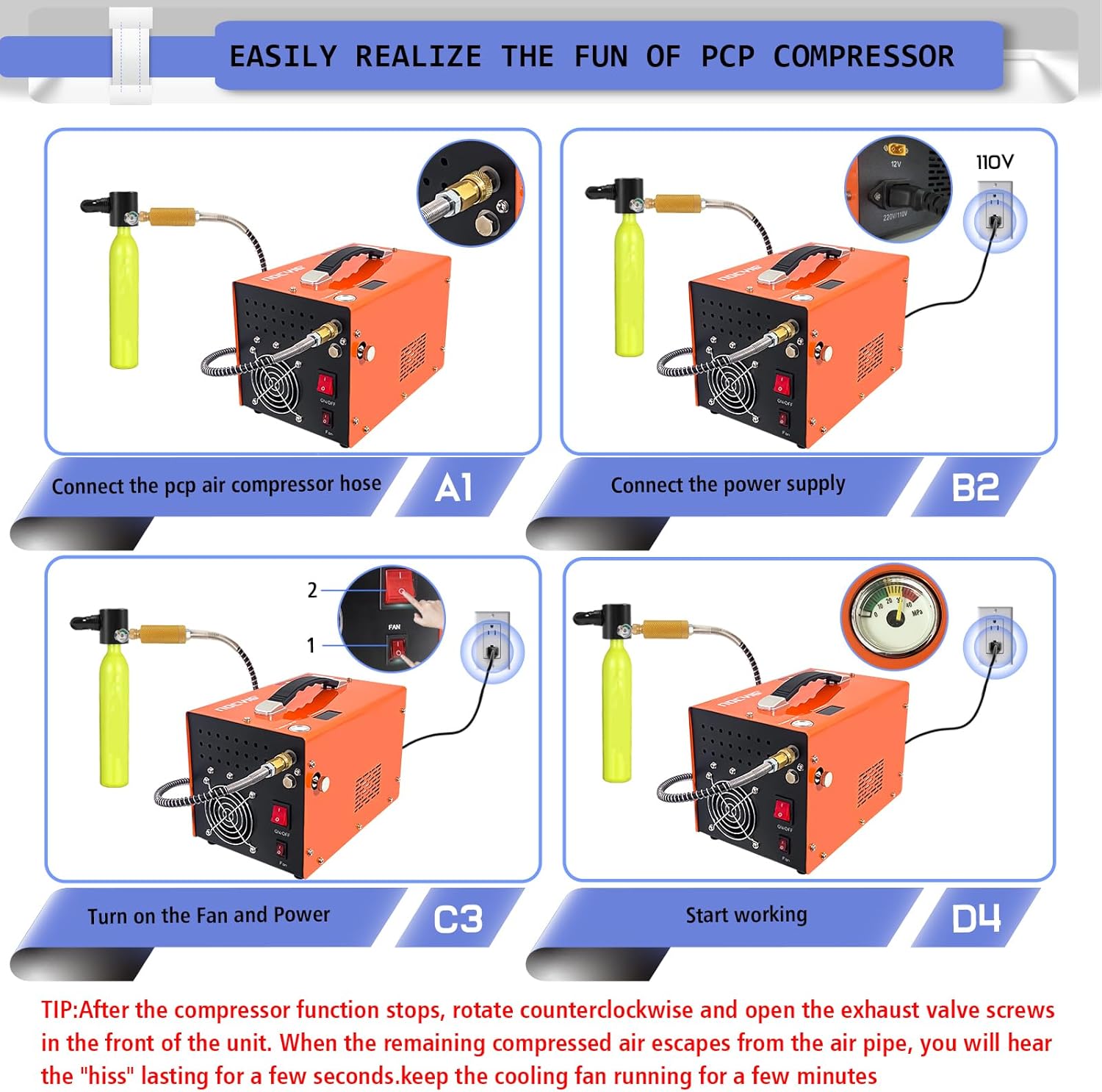 PCP Air Compressor - 4500 PSI Oil-Free Air Pump for Rifles & Paintball Tanks | 12V DC & 110V AC