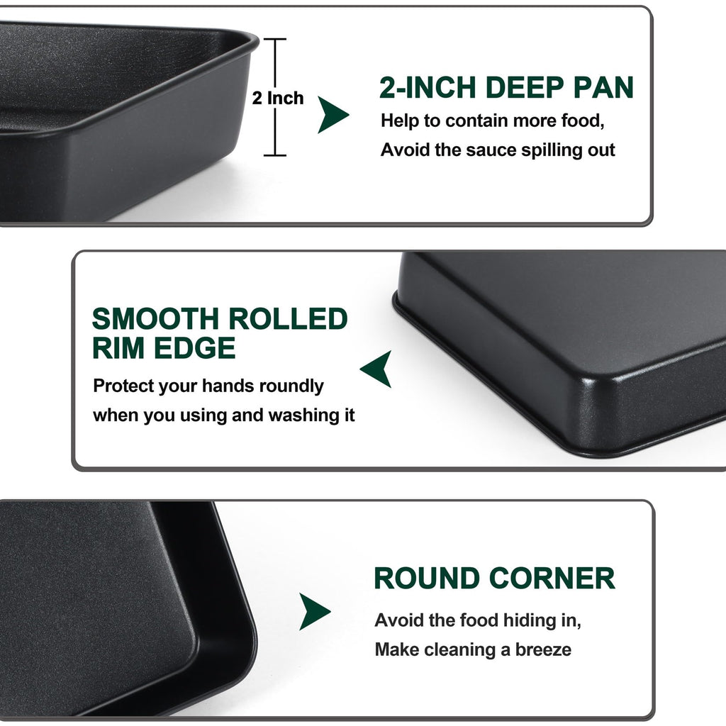 P&P CHEF Toaster Oven Pan with Lid, Nonstick Cake Lasagna Pan Rectangular Tray for Baking Roasting Storing, Stainless Steel Core & Plastic Cover, Oven & Freezer Safe, (9.4 Inch, 2Pcs)