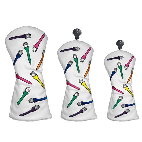 Andux 3pcs/Set Tee Pattern PU Golf Wood Club Head Covers 460cc Driver Covers with Long Neck White