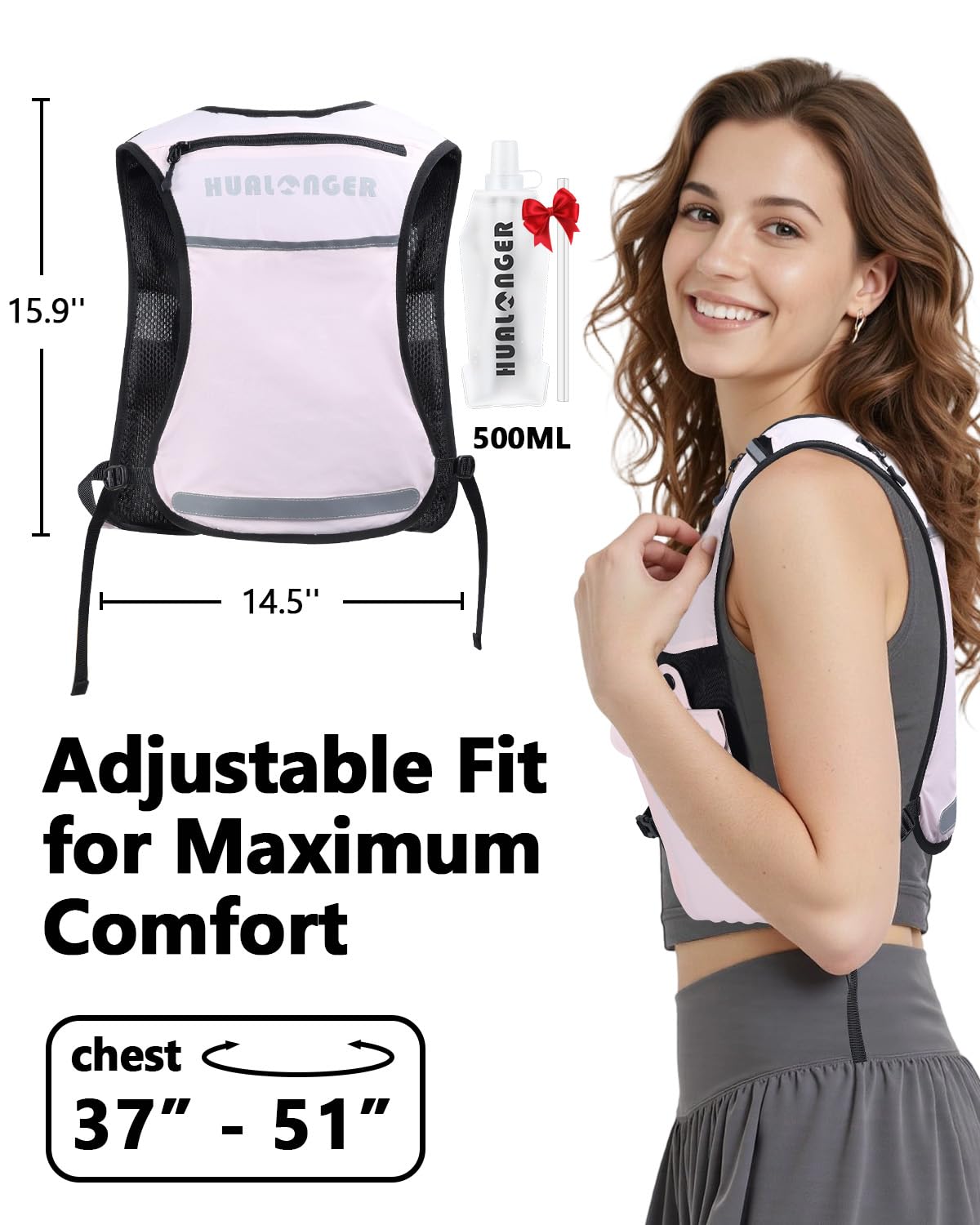 Running Hydration Vest for Women Men,Lightweight Breathable Hydration Pack with 500ml Soft Flask, Adjustable Chest Straps Reflective Backpack for Trail Running Marathon Race Jogging Cycling
