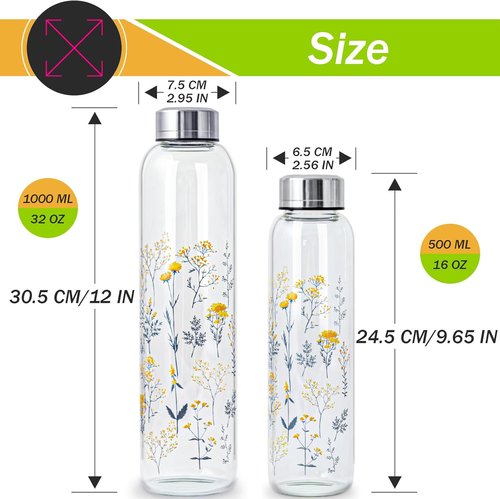 Clear Water Bottle - 32 oz BPA-Free Glass Drinkware with Stainless Steel Lid & Neoprene Sleeve | Scattered Flowers