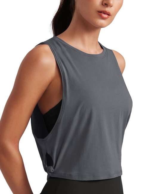 CRZ YOGA Pima Cotton Large Armhole Tank Tops for Women - Workout Sport Athletic Yoga Running Gym Loose Crop Sleeveless Shirts Dark Carbon Small