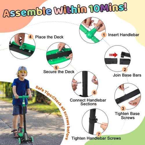 Kick Scooter for Kids Age 3-7 8-12, Light Up 3 Wheeled Scooters,Lean-to-Steer,Three Adjustable Height Scooter for Kids, Foldable,Safe Stable Ride for Girl Boy Kid up to 170 LB - Green