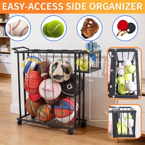 Multi-Sport Ball Storage Cart by [Brand Name] - Rolling Organizer with Side Basket for Gloves & Tennis - Ideal for Basketball, Soccer & Yoga Mats