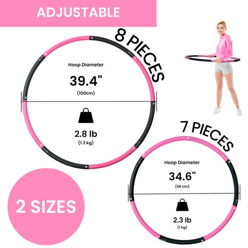 Fiteroc 2.8 lb Weighted Fitness Hoop, 8 Detachable Sections, Adjustable Large Size for Core Workouts, Black/Pink