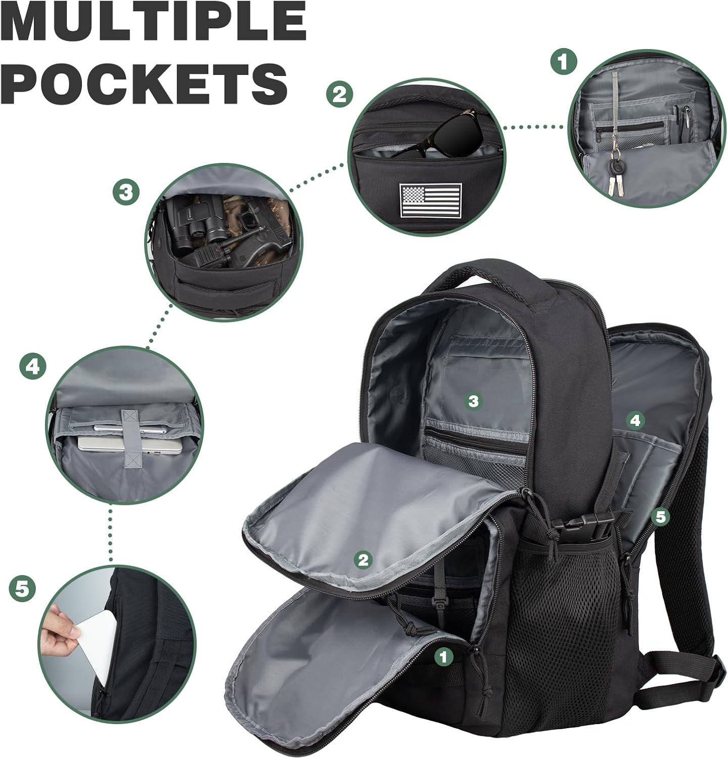 TBNBO Tactical Backpack - 25L Military-Grade Travel Bag with Dual Bottle Holders - Black