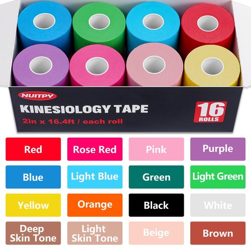 16 Rolls Kinesiology Tape, 16 Colors 2 inch x 16.4 Feet Waterproof Athletic Tape, Uncut Kinetic Tape, Elastic Muscle Tape, Sports Tape, Knee Tape for Exercise and Daily Use