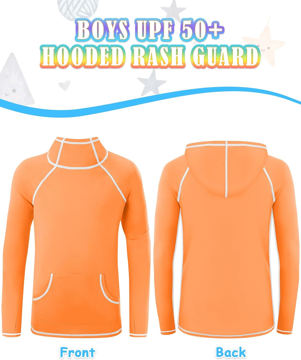 Skiennix Boys Rash Guard Hoodie - Long Sleeve Kids Swim Shirt with UPF 50+ Sun Protection | Pocket Included