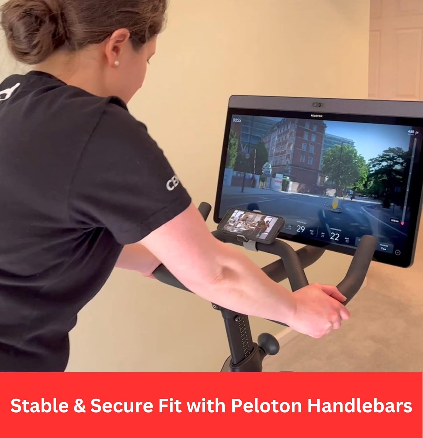 Peloton Phone Holder - Secure Fit & Easy One-Hand Operation - 360° Rotation for iPhone & Android