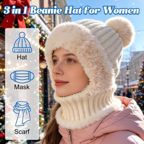 3 in 1 Beanie Hat for Women, Upgrade Beanie Hat with Scarf and Mask, Winter Warm Knitted Ski Scarf&Mask Set, Wind Resistant Hooded Scarf Hats, Thick Plush-Lined Warm Hats for Women (Black)