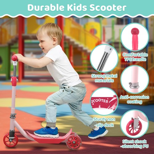 ADUBENRY Kids Kick Scooters, 3 Wheel Scooter for Kids Ages 3-10, LED Lighted Wheels with 3 Adjustable Height Handlebars for Boys & Girls Pink